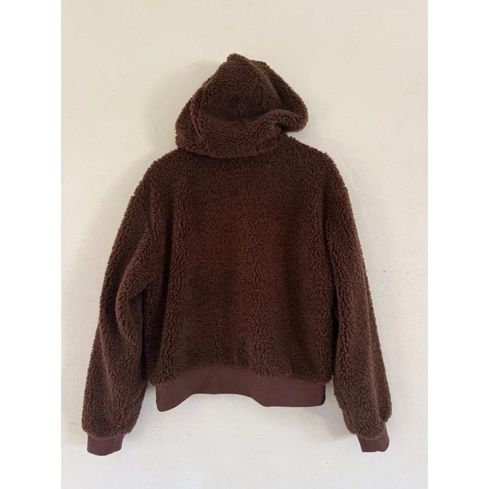 Beyond Yoga Brown Teddy Fleece Bomber Jacket Detachable Hood Womens Medium